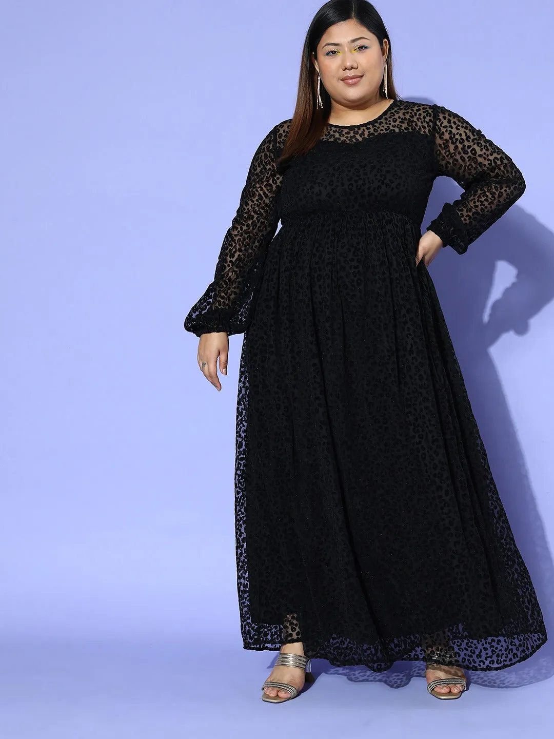 Berrylush Women Plus Size Black Animal Printed Round Neck Semi-Sheer Velvet Flared A-Line Maxi Dress