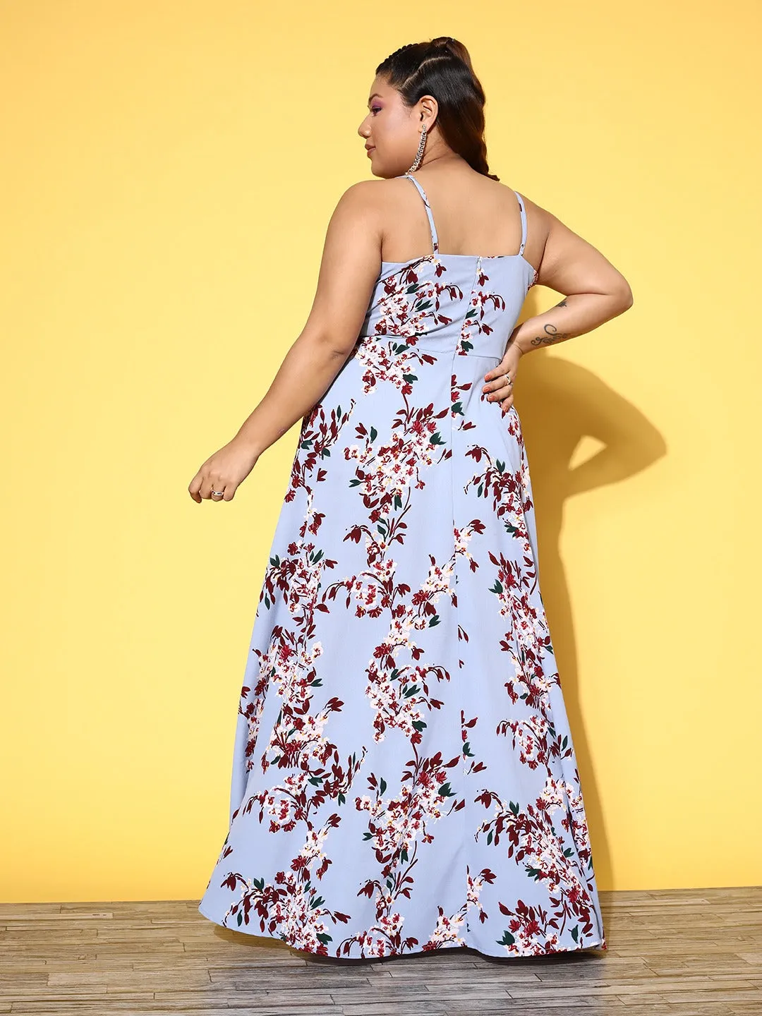 Berrylush Women Plus Size Blue & Maroon Floral Printed V-Neck Sleeveless Crepe Thigh-High Slit Fit & Flare Maxi Dress