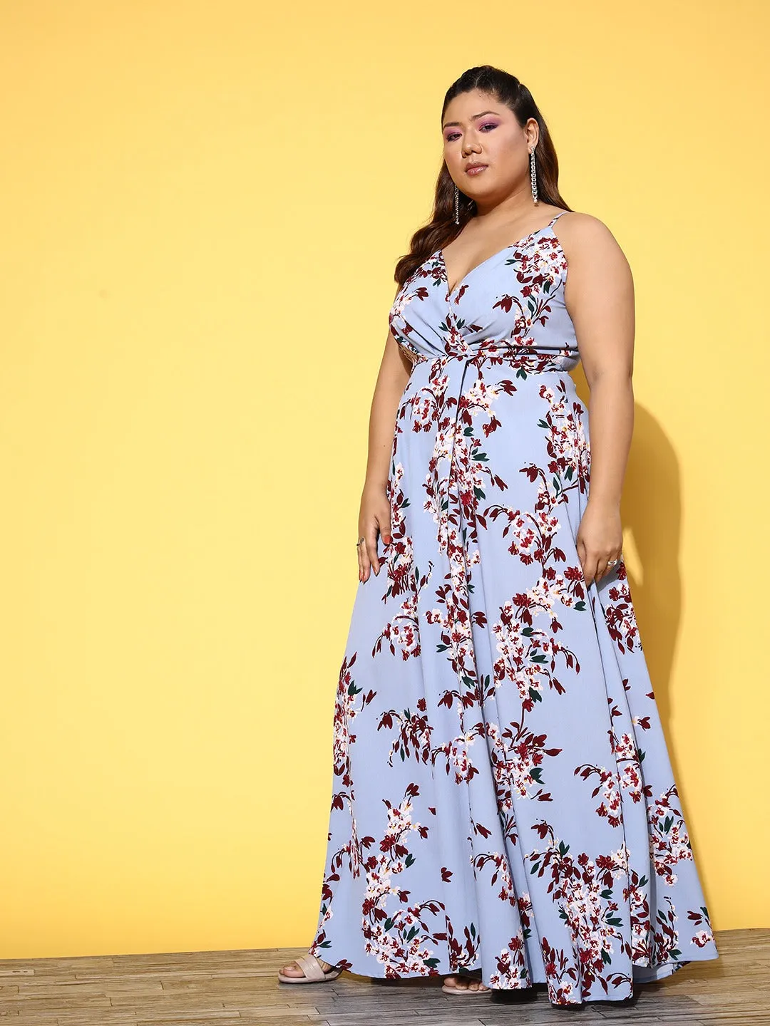 Berrylush Women Plus Size Blue & Maroon Floral Printed V-Neck Sleeveless Crepe Thigh-High Slit Fit & Flare Maxi Dress