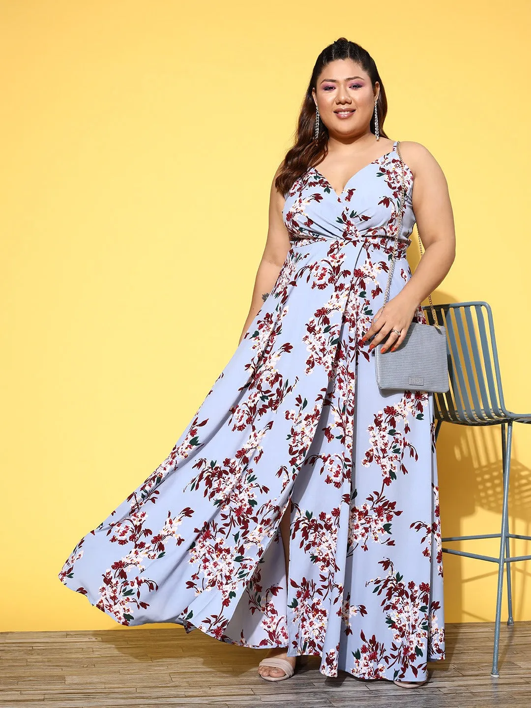 Berrylush Women Plus Size Blue & Maroon Floral Printed V-Neck Sleeveless Crepe Thigh-High Slit Fit & Flare Maxi Dress