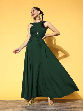 Berrylush Women Solid Green V-Neck Criss-Cross Front Crepe Flared A-Line Maxi Dress