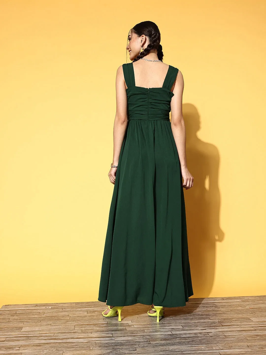 Berrylush Women Solid Green V-Neck Criss-Cross Front Crepe Flared A-Line Maxi Dress