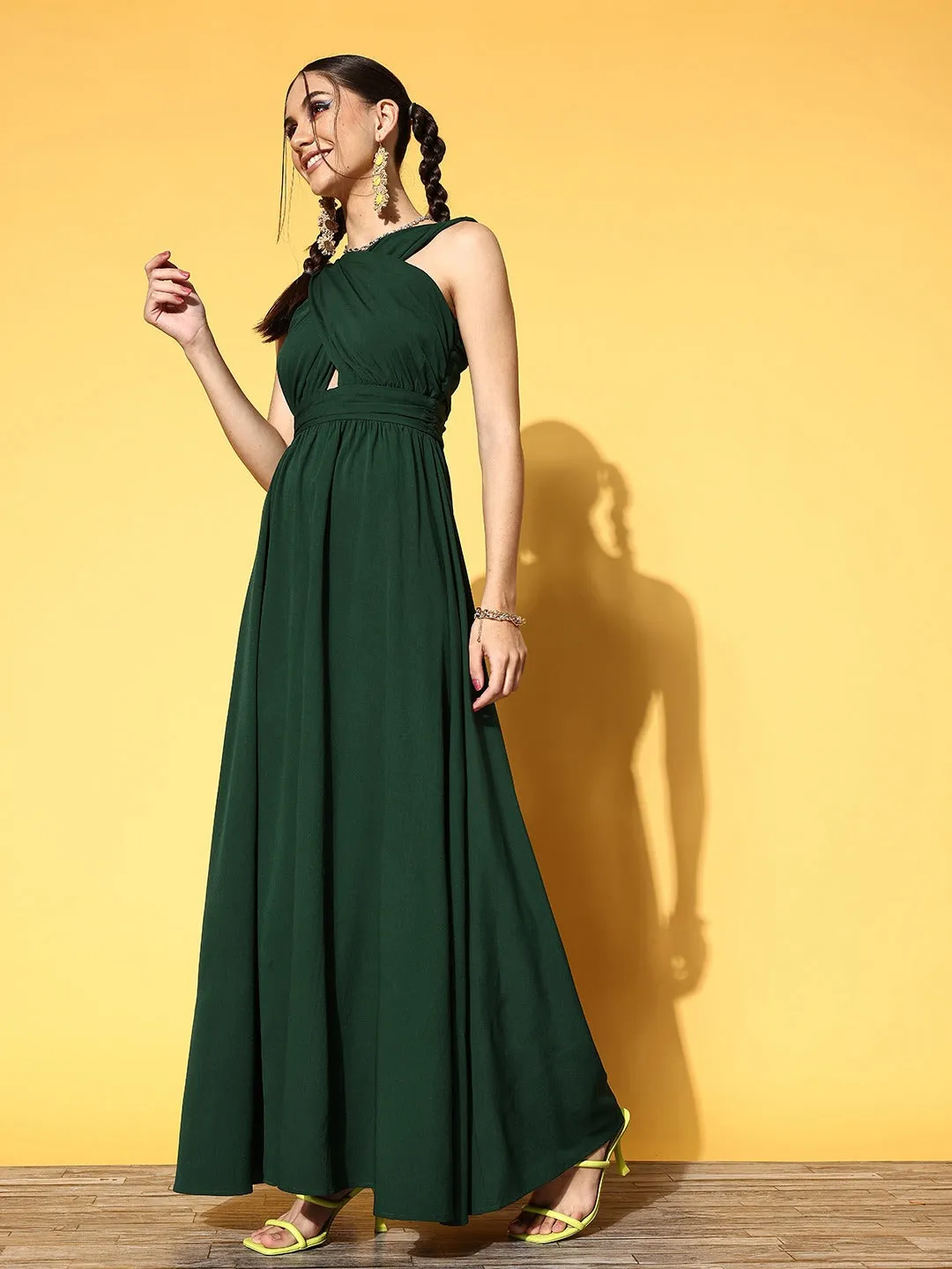 Berrylush Women Solid Green V-Neck Criss-Cross Front Crepe Flared A-Line Maxi Dress