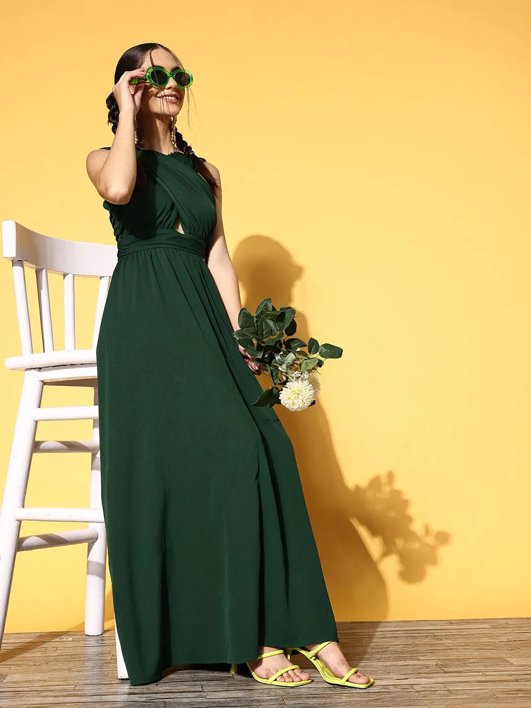 Berrylush Women Solid Green V-Neck Criss-Cross Front Crepe Flared A-Line Maxi Dress