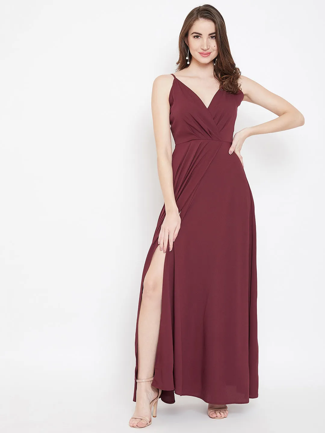 Berrylush Women Solid Maroon V-Neck Sleeveless Crepe Thigh-High Slit A-Line Maxi Dress