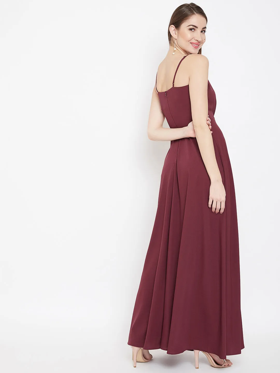 Berrylush Women Solid Maroon V-Neck Sleeveless Crepe Thigh-High Slit A-Line Maxi Dress