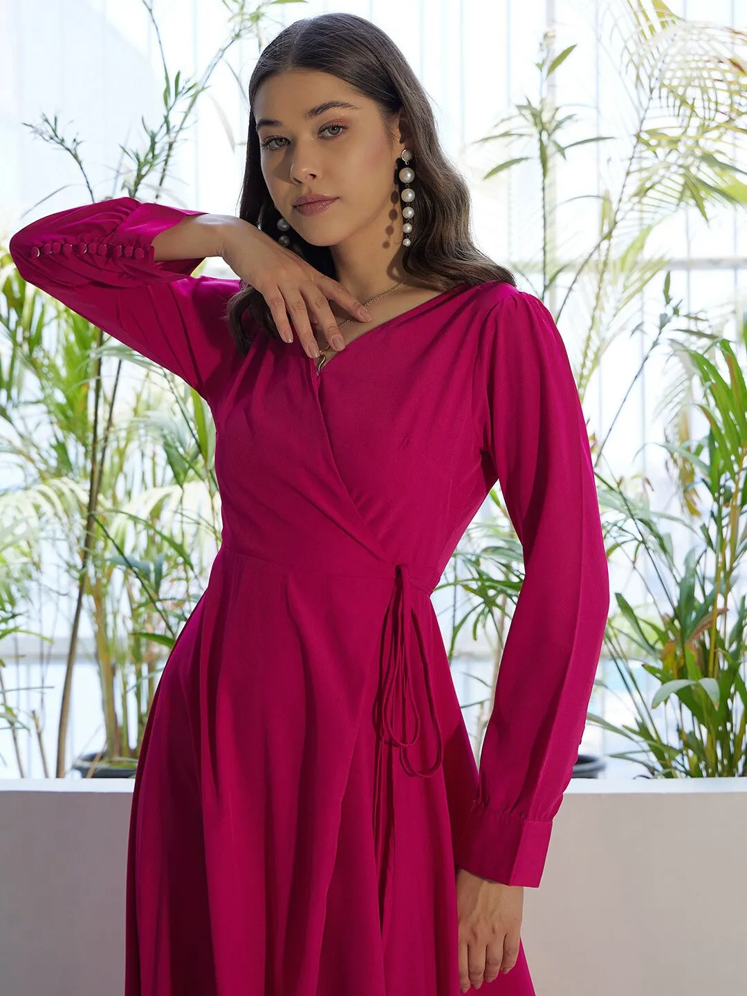 Berrylush Women Solid Pink V-Neck Cuffed Sleeves Waist Tie-Up Thigh-High Slit Flared Maxi Dress