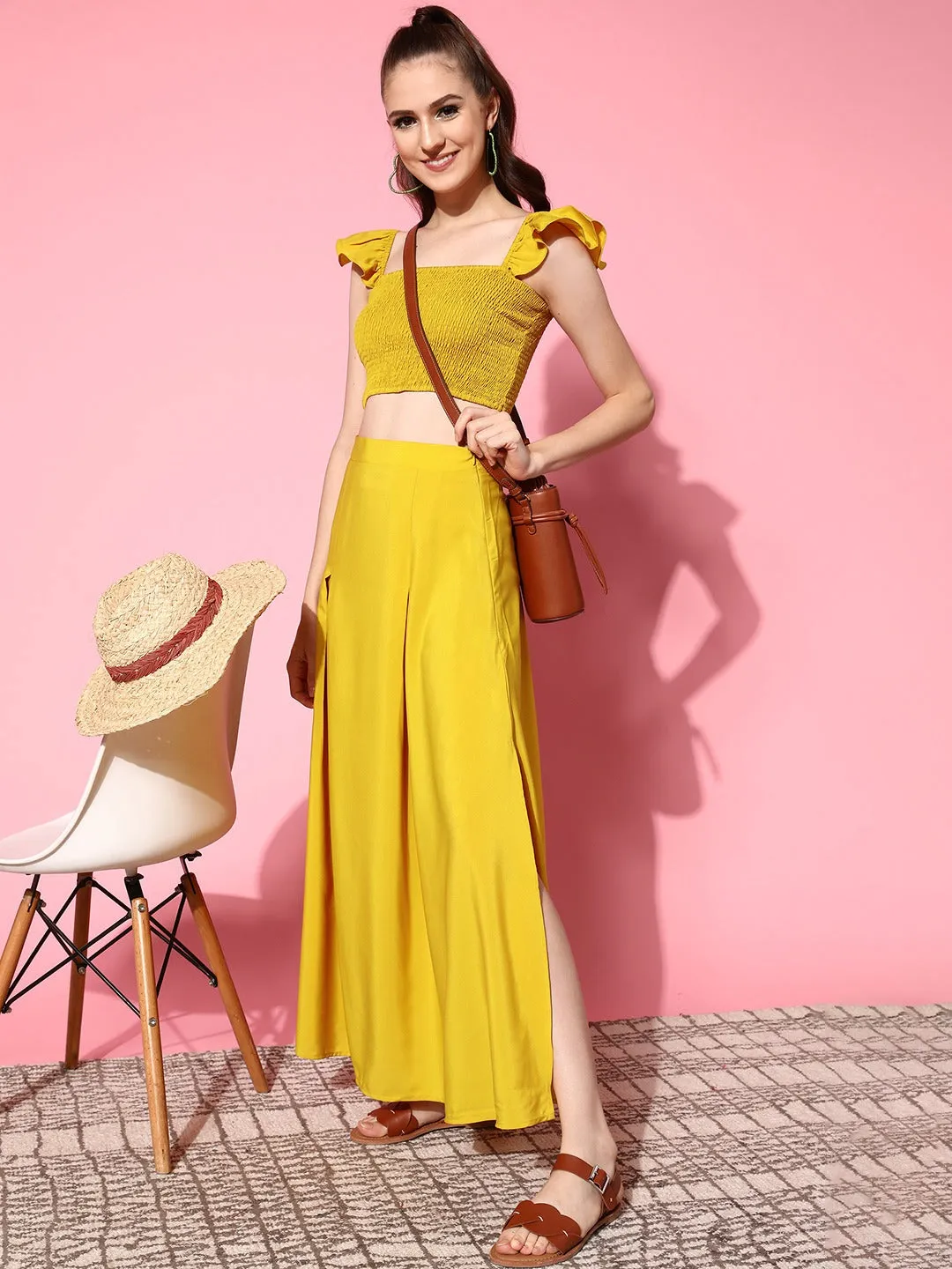 Berrylush Women Solid Yellow Square Neck Smocked Crop Top & Thigh-High Slit Maxi Skirt Co-Ord Dress