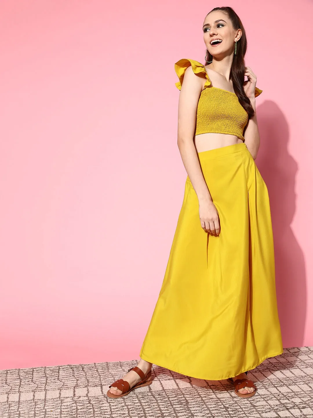 Berrylush Women Solid Yellow Square Neck Smocked Crop Top & Thigh-High Slit Maxi Skirt Co-Ord Dress