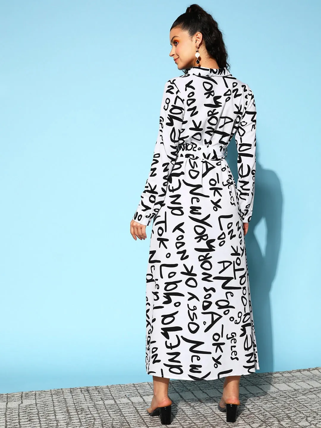 Berrylush Women White & Black Conversational Printed Collar Neck Cuffed Sleeves Shirt Style Maxi Dress