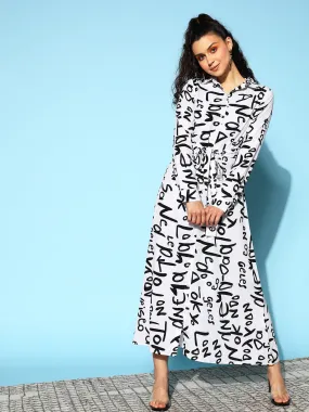 Berrylush Women White & Black Conversational Printed Collar Neck Cuffed Sleeves Shirt Style Maxi Dress