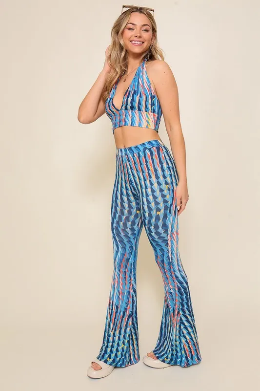 Blue Combo Set-Retro Print Halter Crop Top With Pants