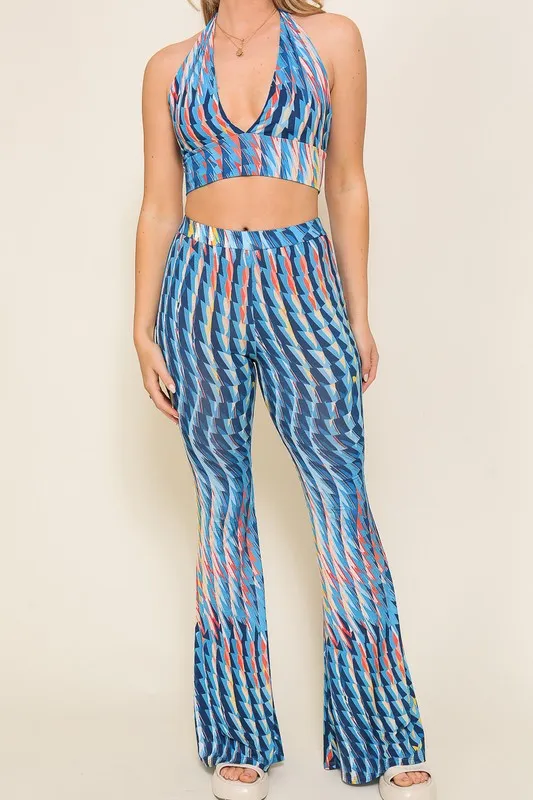 Blue Combo Set-Retro Print Halter Crop Top With Pants