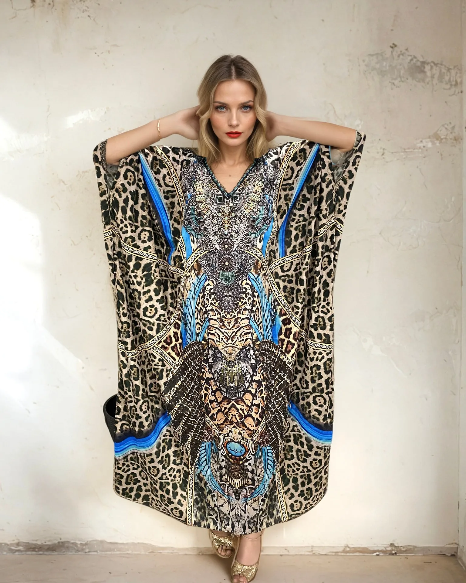 Blue leopard Embellished Maya kaftan AU 12-28