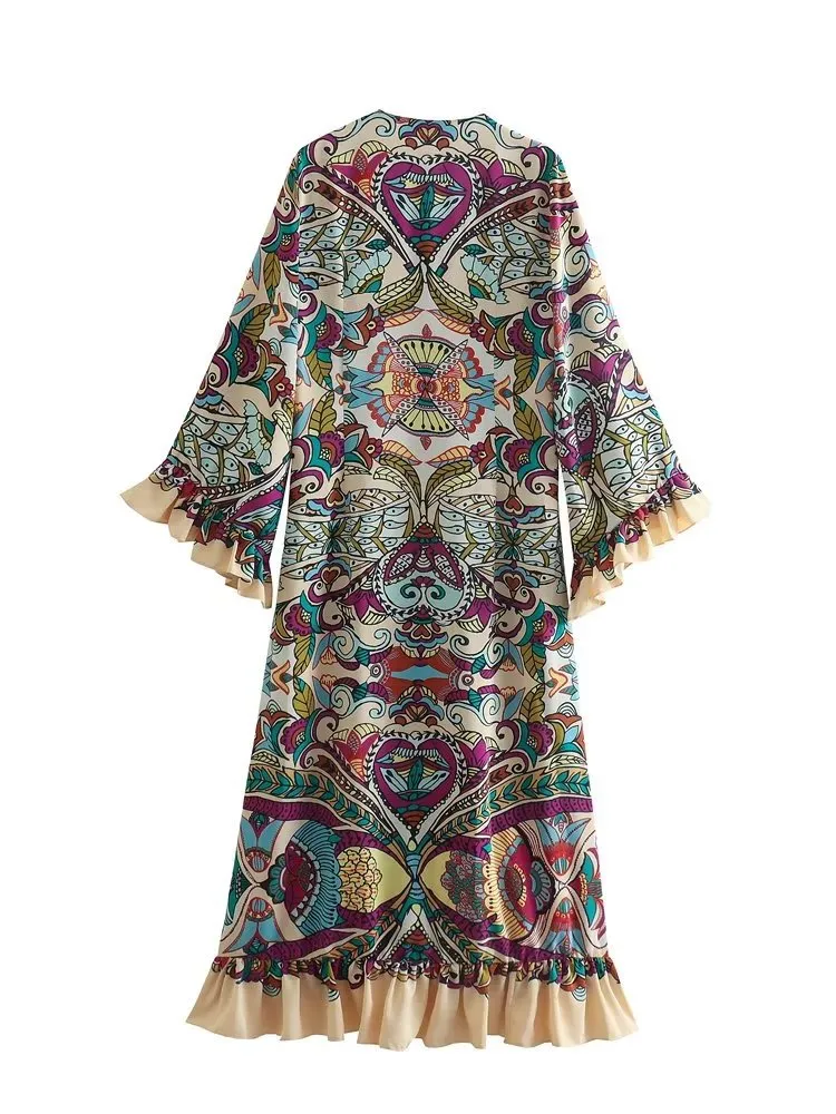 Bohemian Flower Print V-Neck Maxi Dress