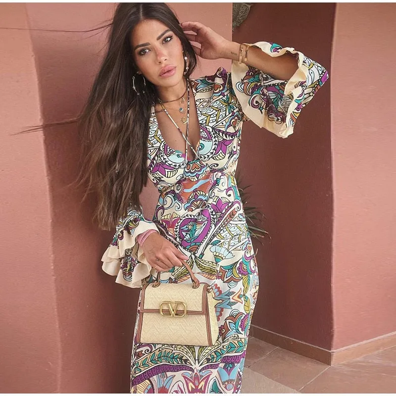 Bohemian Flower Print V-Neck Maxi Dress