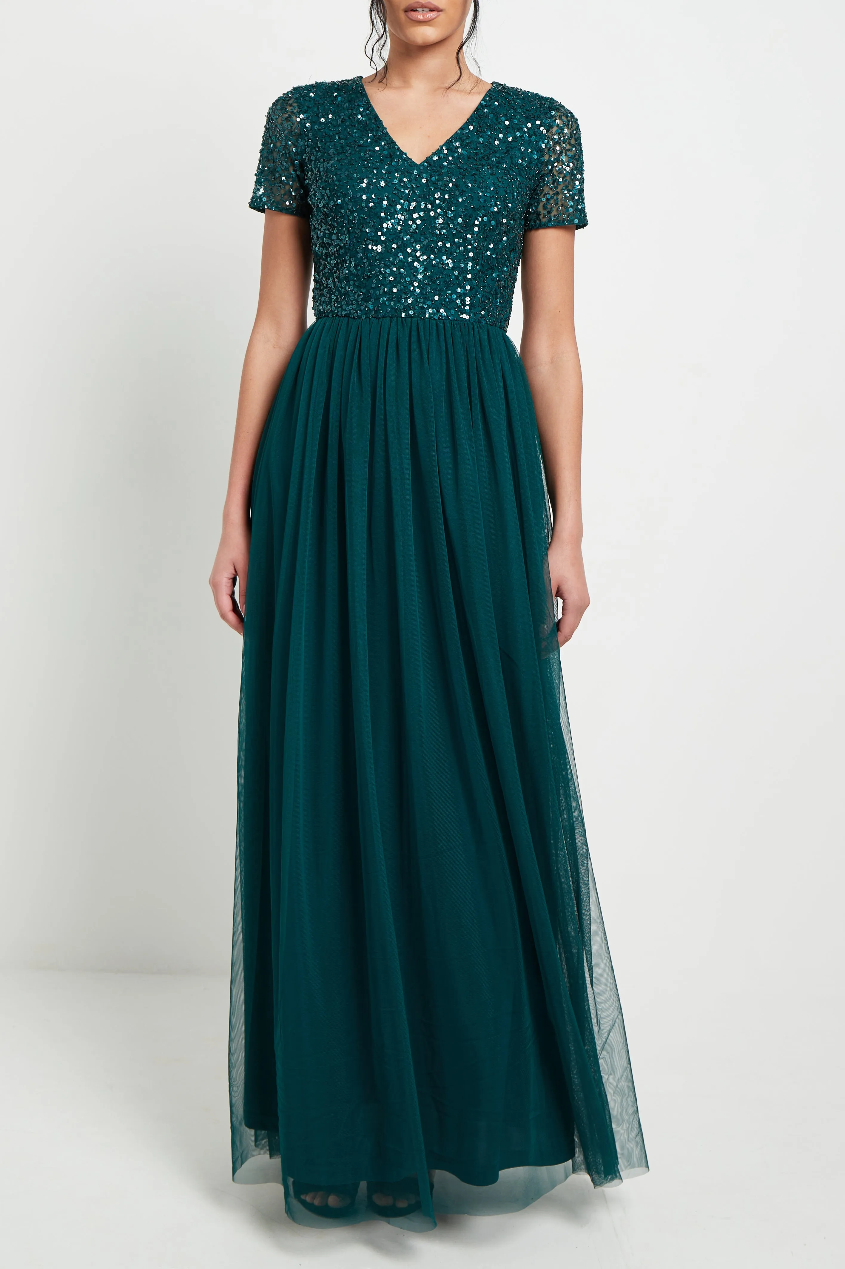 Bridesmaid V-Neck Embellished Sequin Maxi Dress