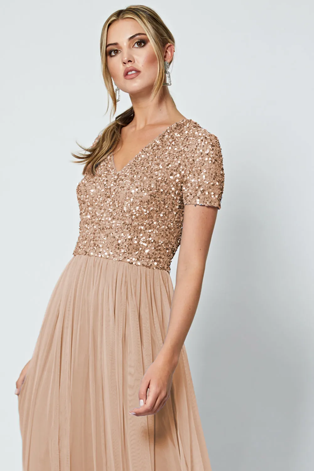 Bridesmaid V-Neck Embellished Sequin Maxi Dress