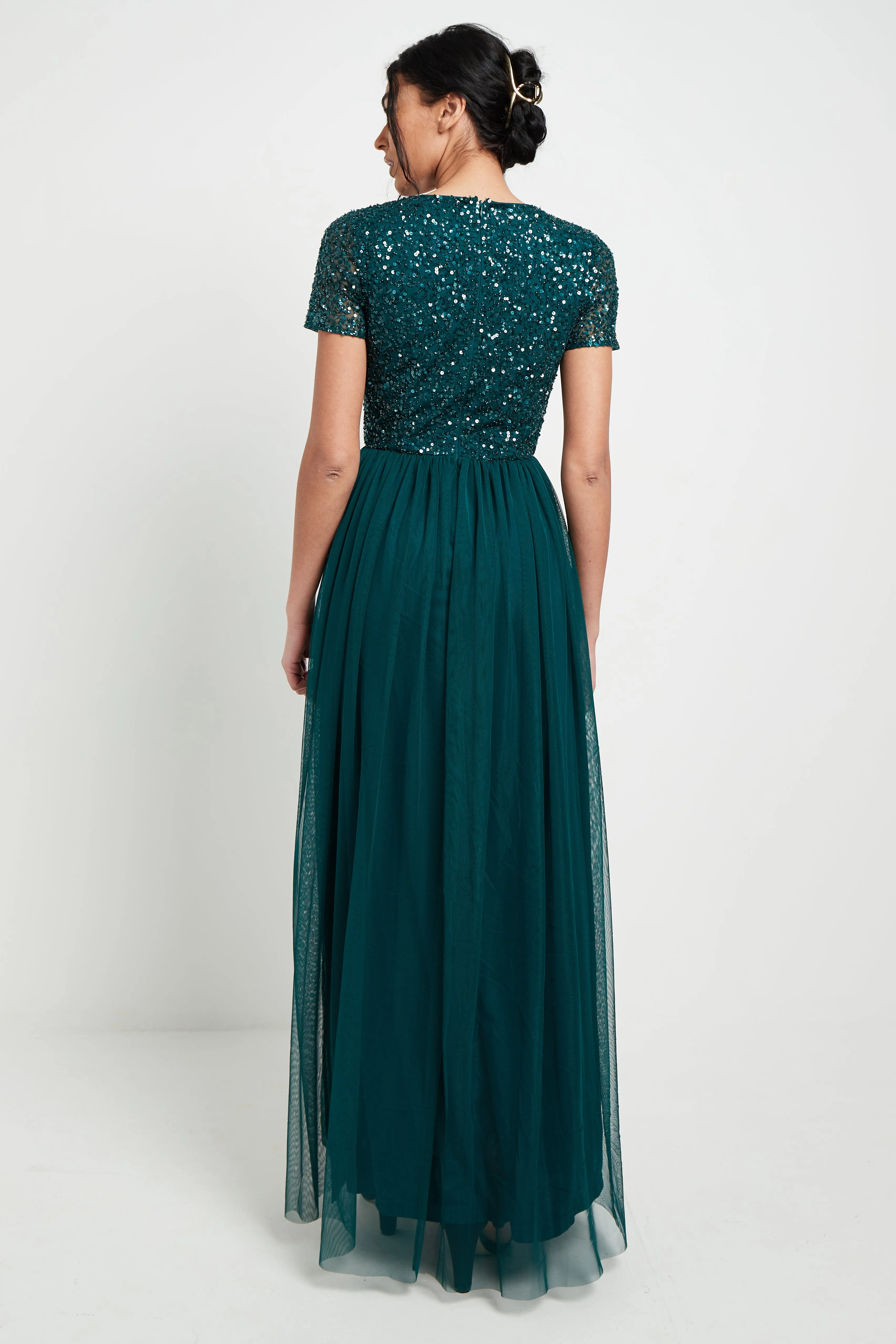 Bridesmaid V-Neck Embellished Sequin Maxi Dress