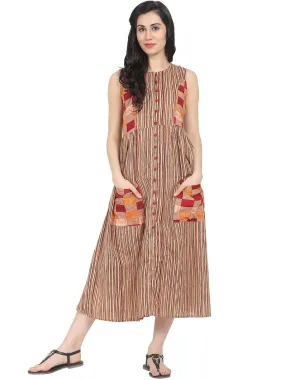 Brown Striped Sleeveless Cotton Double Pocket Maxi Dress