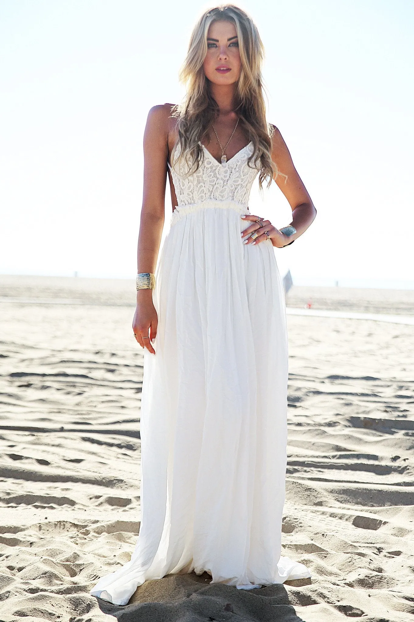 Camilla Open Back Crochet Maxi Dress - White