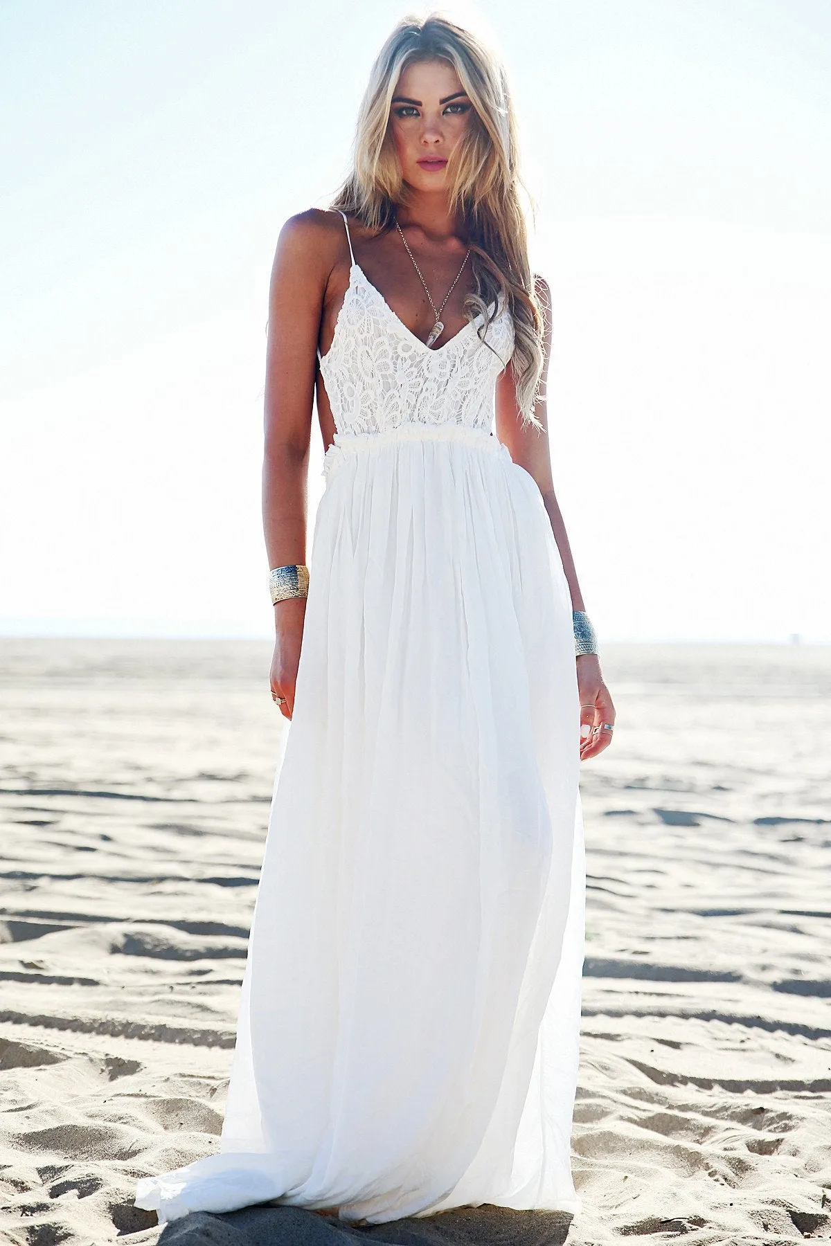 Camilla Open Back Crochet Maxi Dress - White