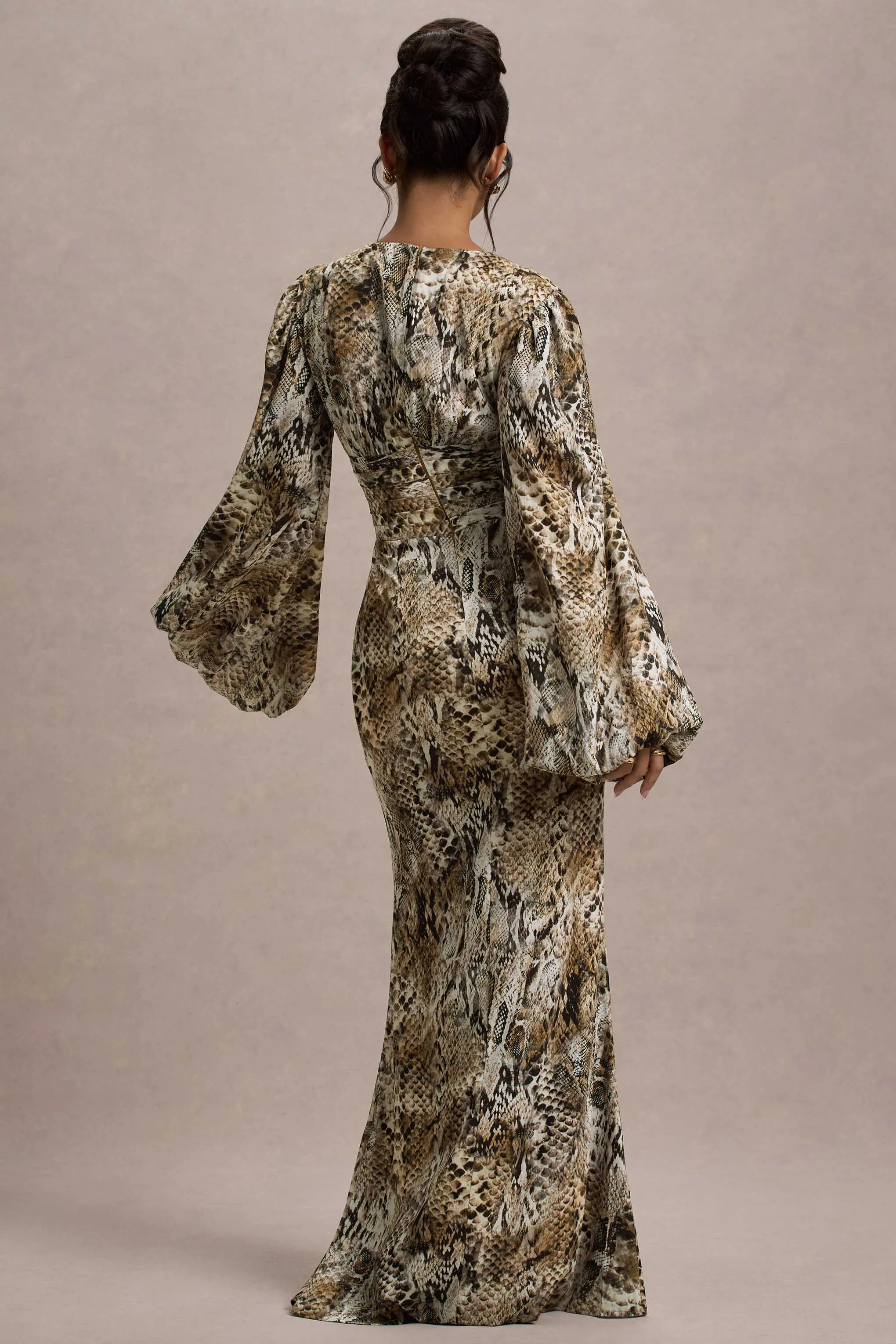 Casarile | Snake Print V-Neck Balloon Sleeve Maxi Dress