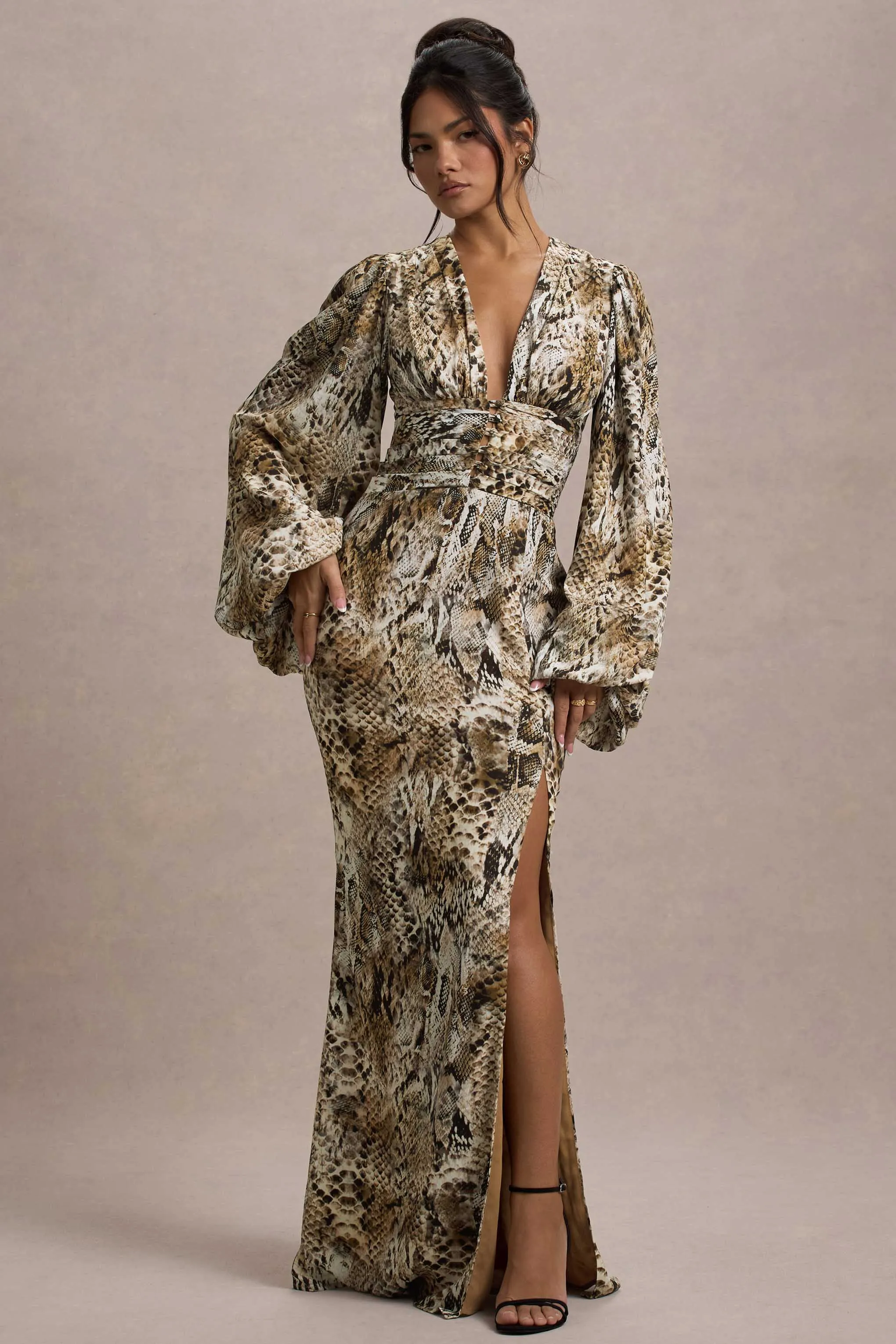 Casarile | Snake Print V-Neck Balloon Sleeve Maxi Dress