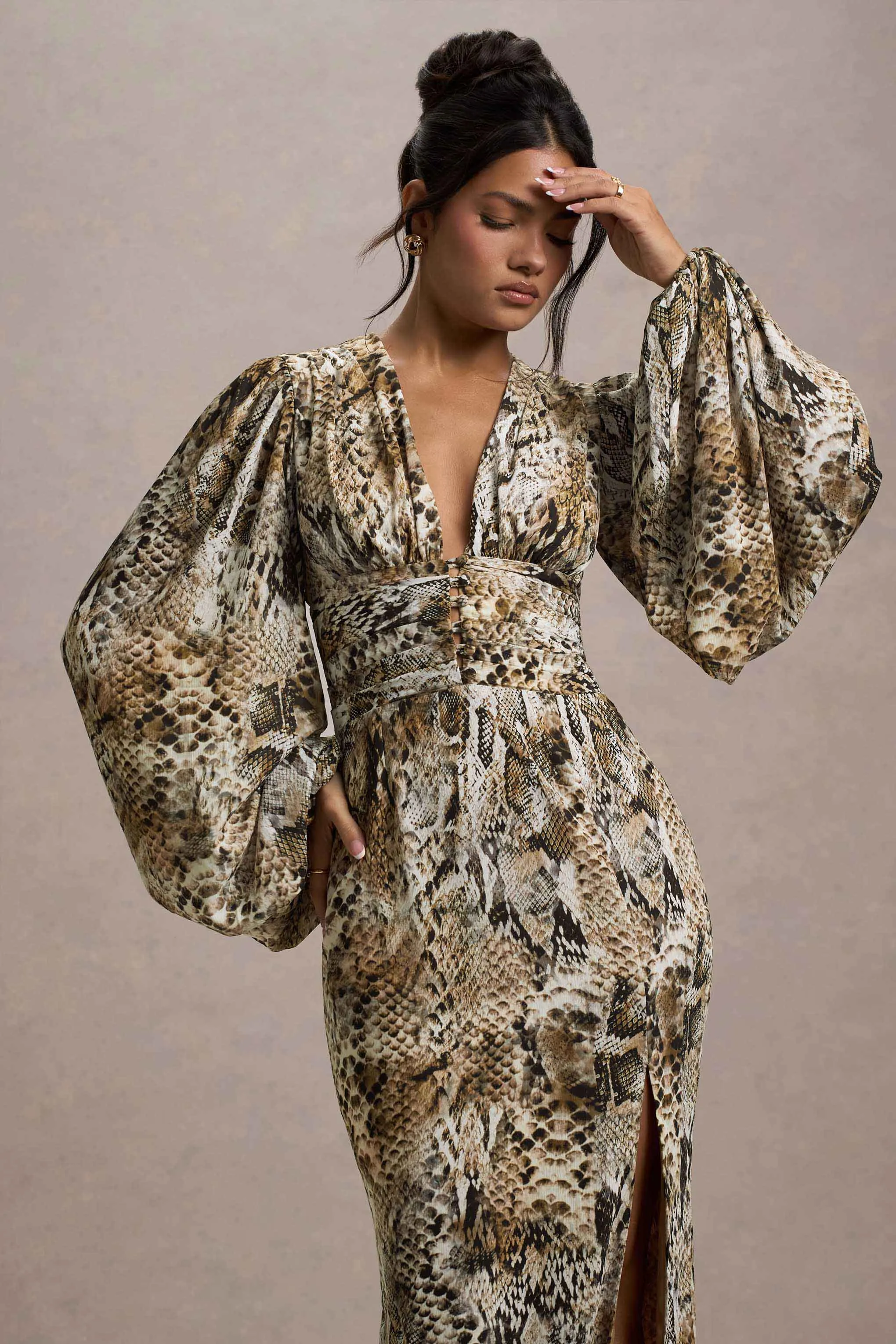 Casarile | Snake Print V-Neck Balloon Sleeve Maxi Dress