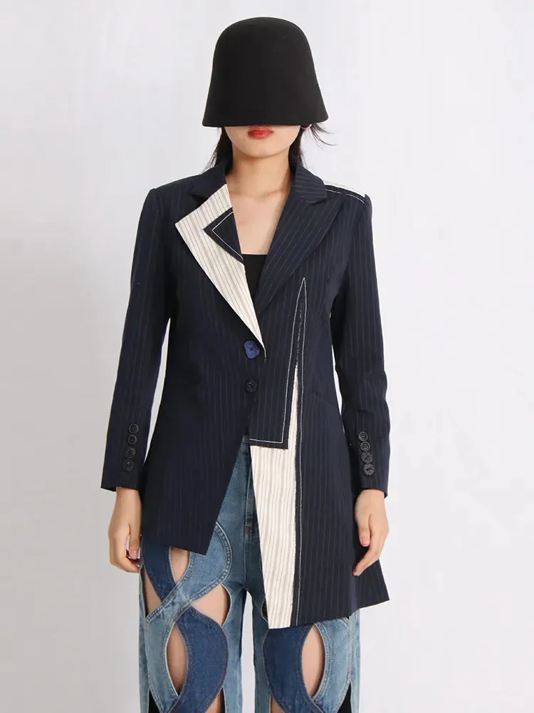 Casual Striped Blazers For Women Notched Collar Long Sleeve Patchwork Button Yrregular Blazer Female Clothing