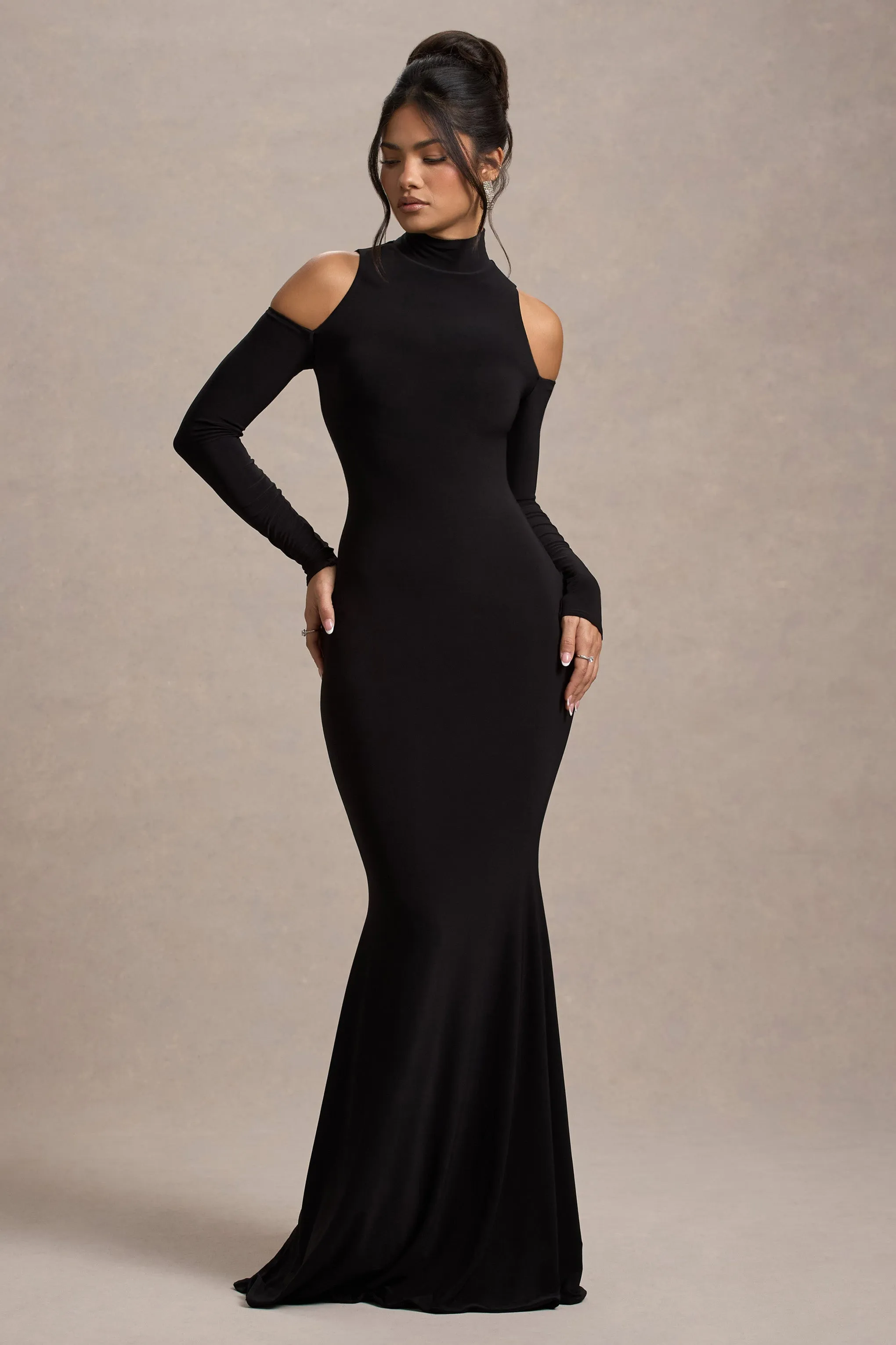 Catarina | Black Turtle-Neck Long-Sleeve Maxi Dress With Cold Shoulders