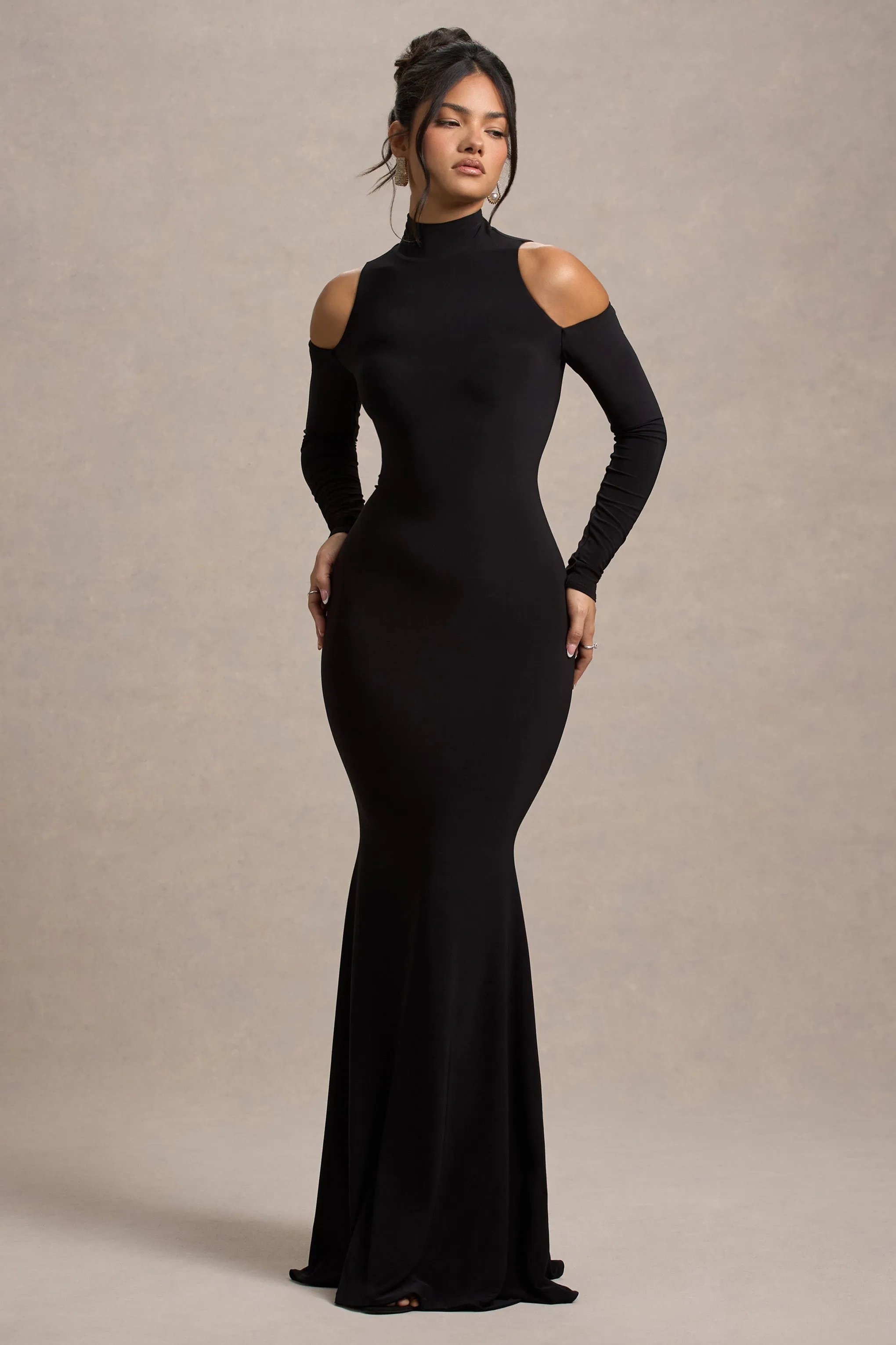 Catarina | Black Turtle-Neck Long-Sleeve Maxi Dress With Cold Shoulders