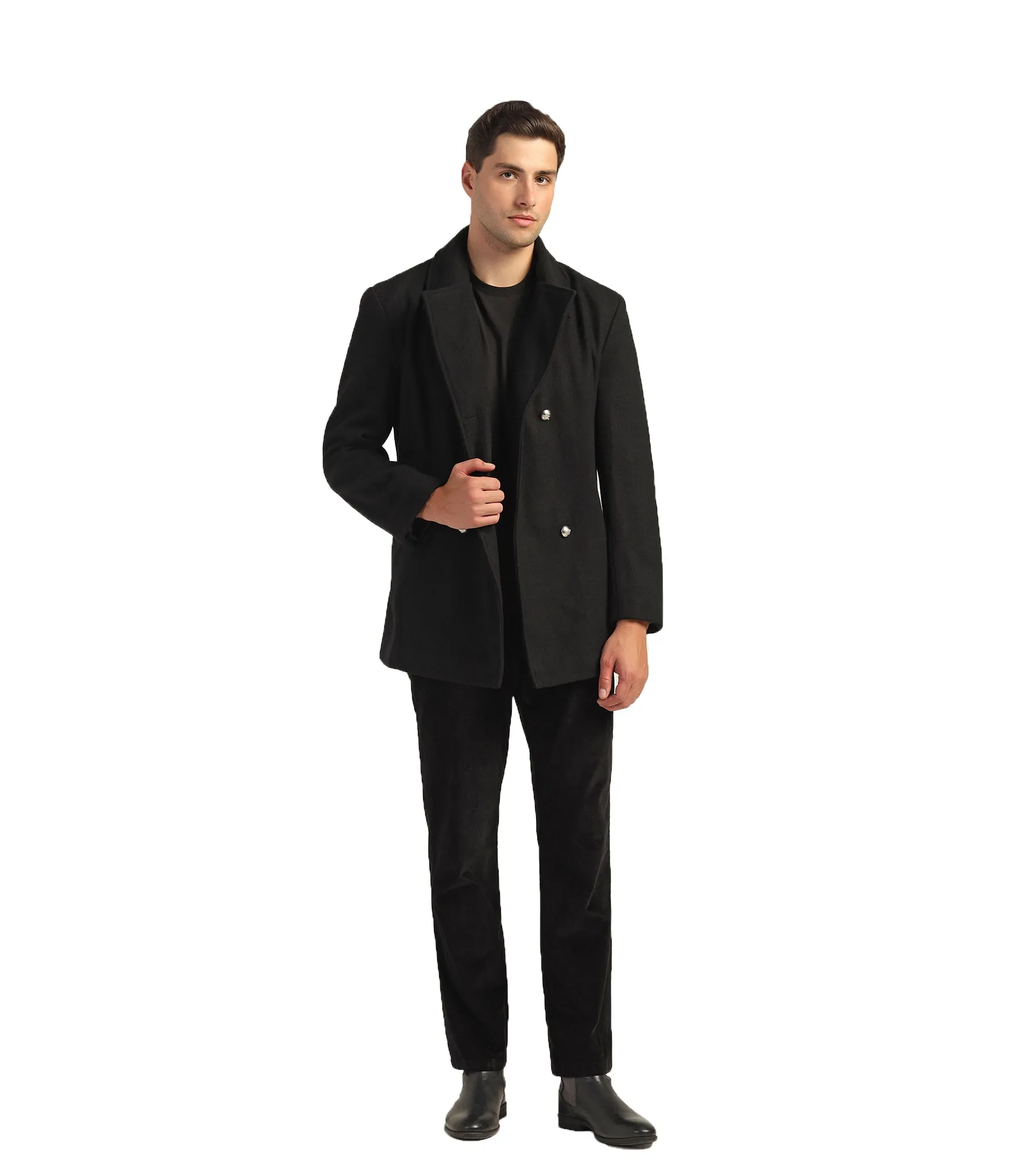 Classic Black Felt Double-Breasted Coat With Silver Buttons