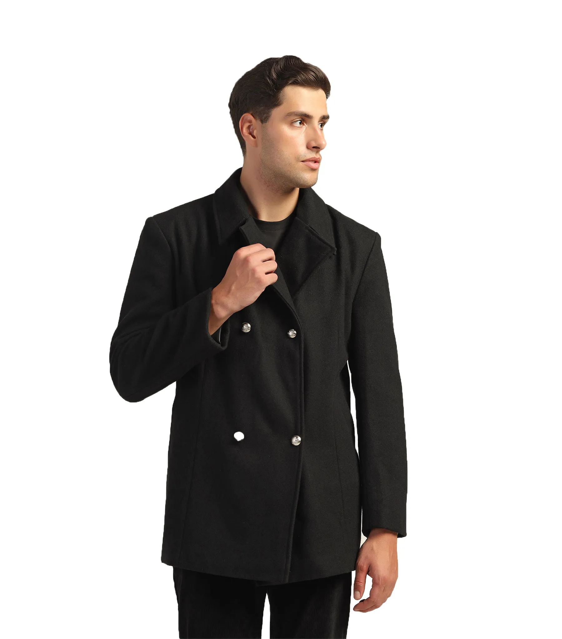 Classic Black Felt Double-Breasted Coat With Silver Buttons