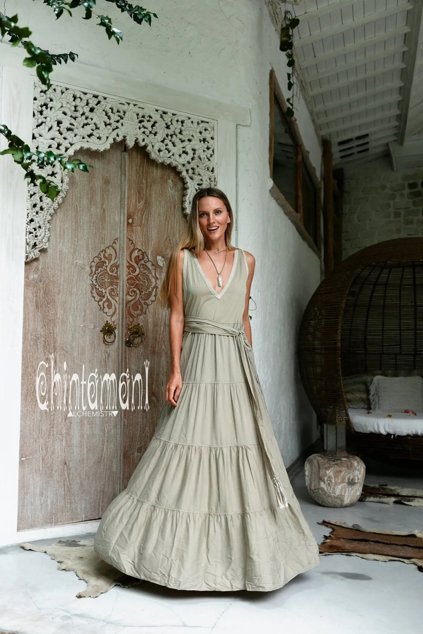 Cotton Maxi Tiered Dress / Sage Green