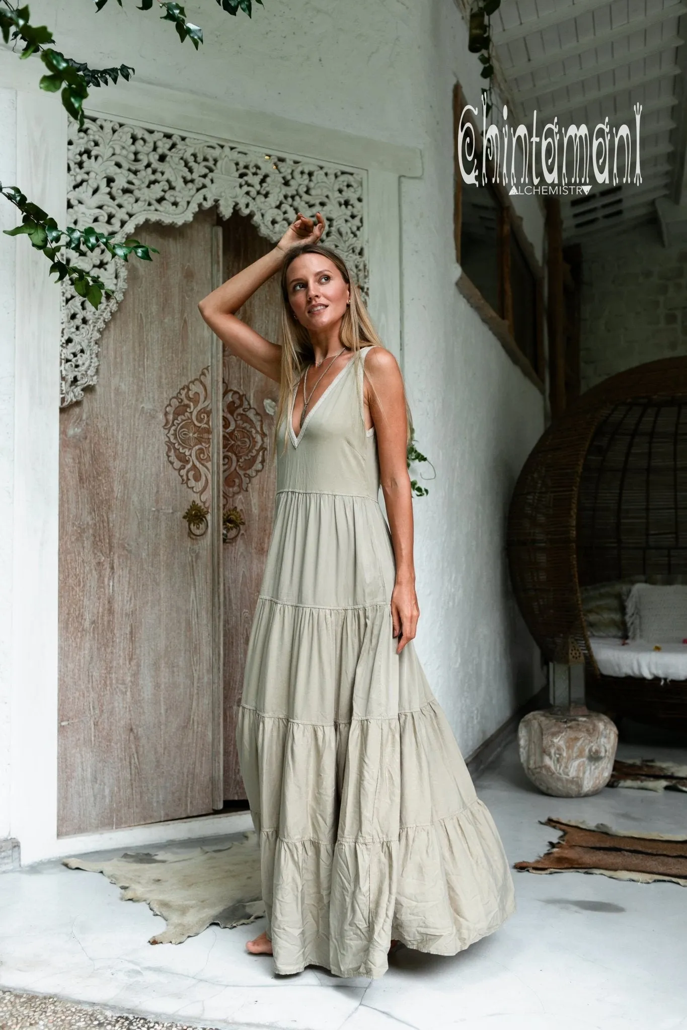 Cotton Maxi Tiered Dress / Sage Green