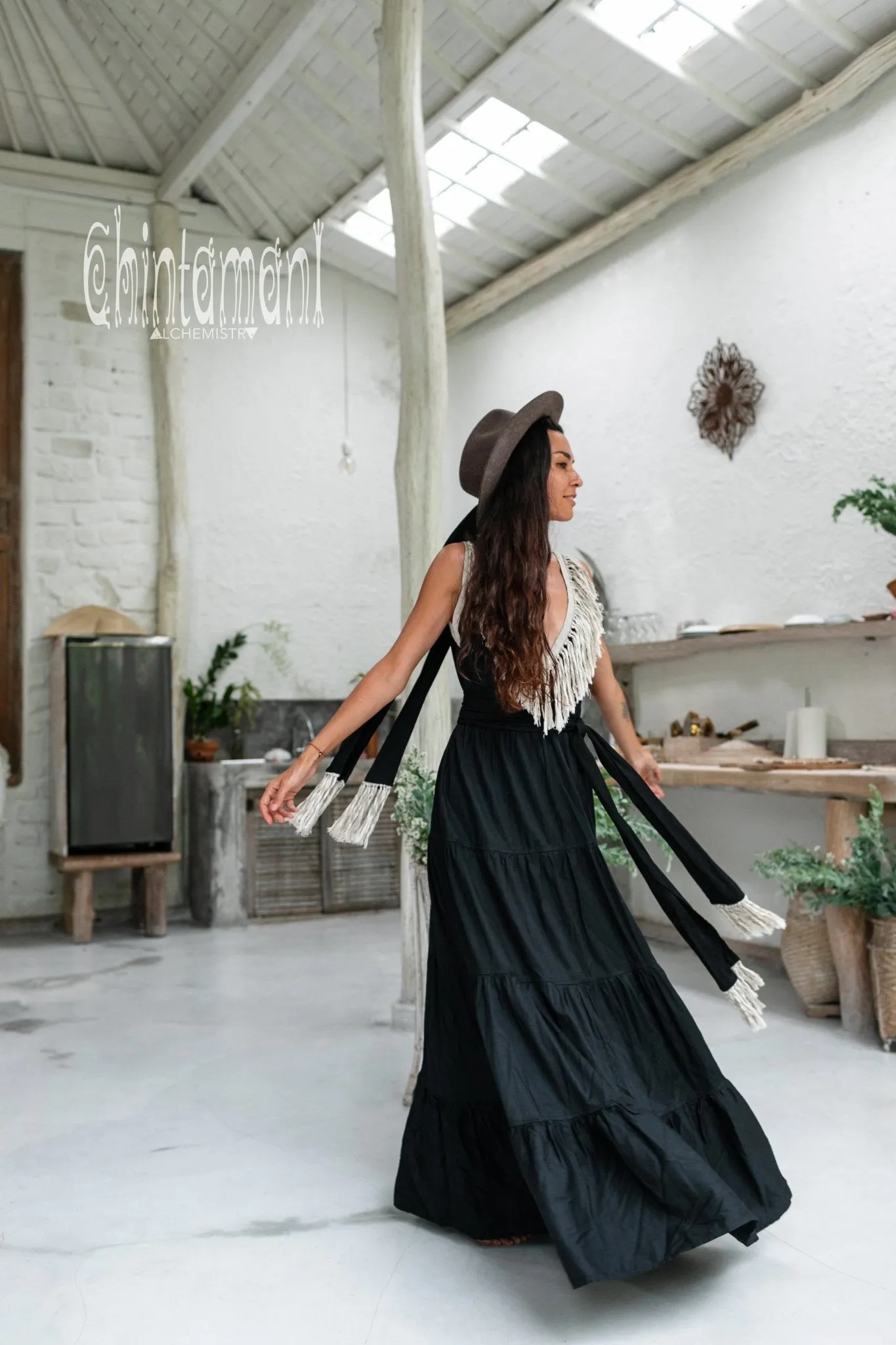 Cotton Maxi Tiered Dress with Fringes / Black