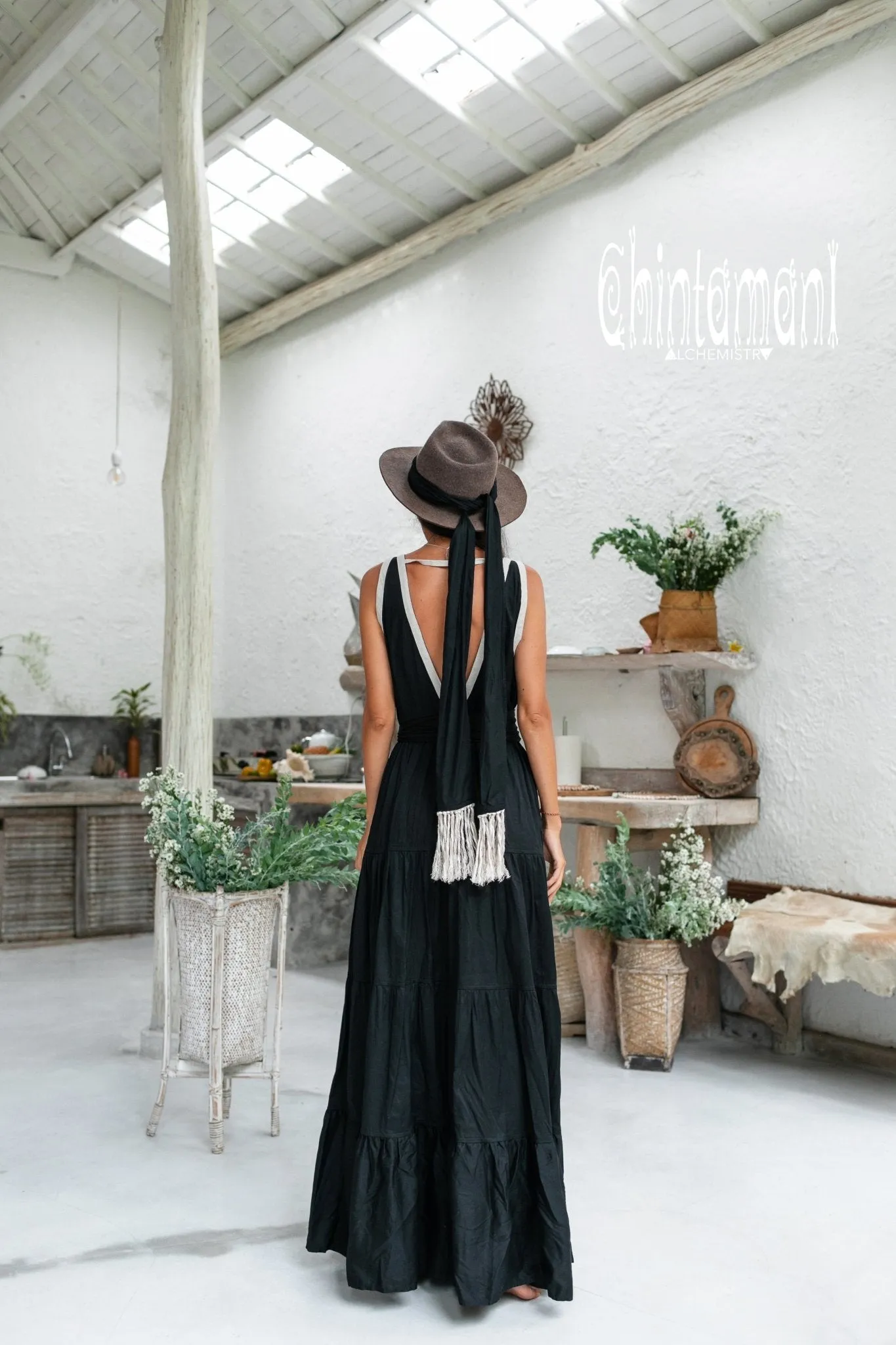 Cotton Maxi Tiered Dress with Fringes / Black