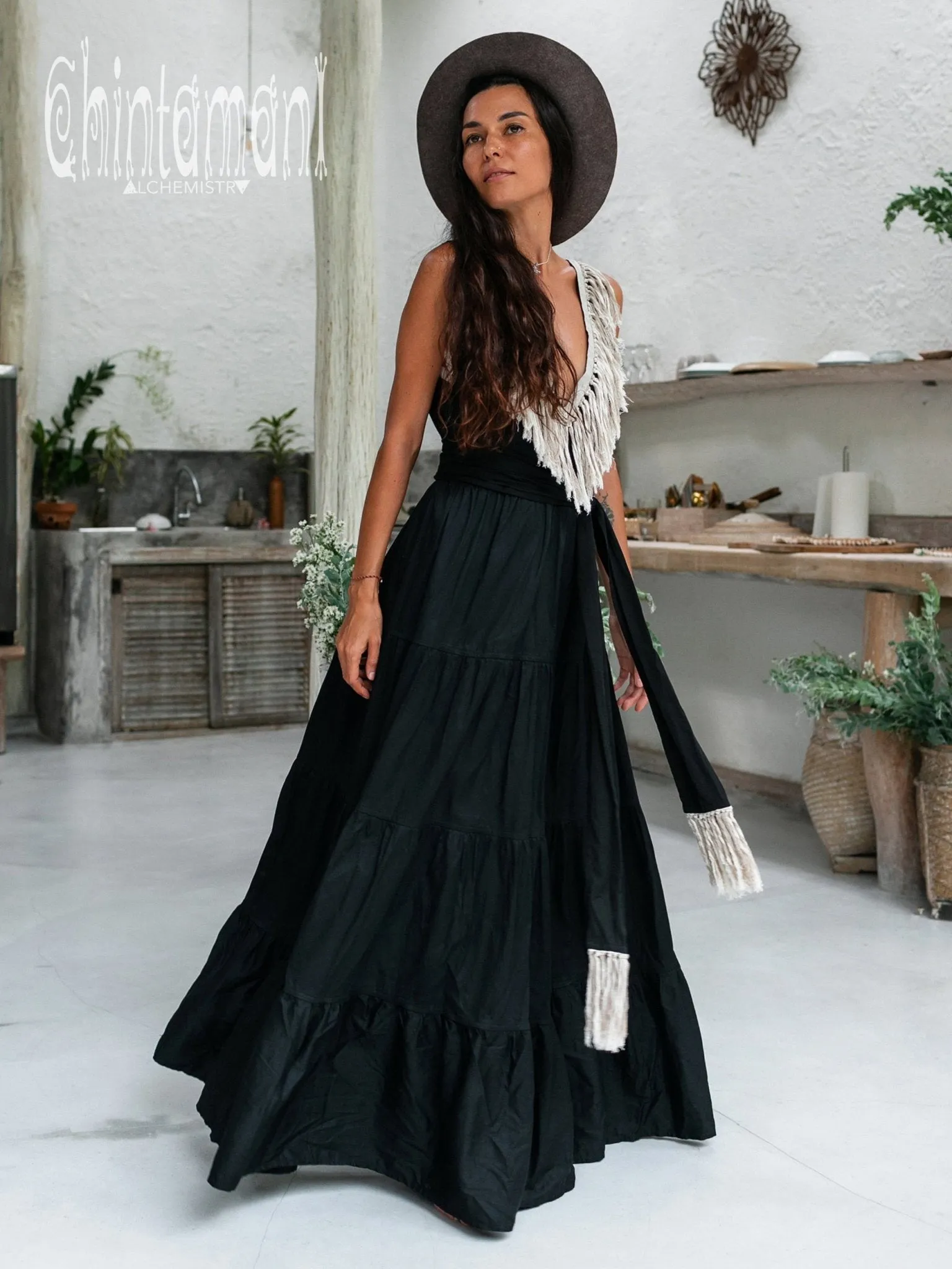 Cotton Maxi Tiered Dress with Fringes / Black