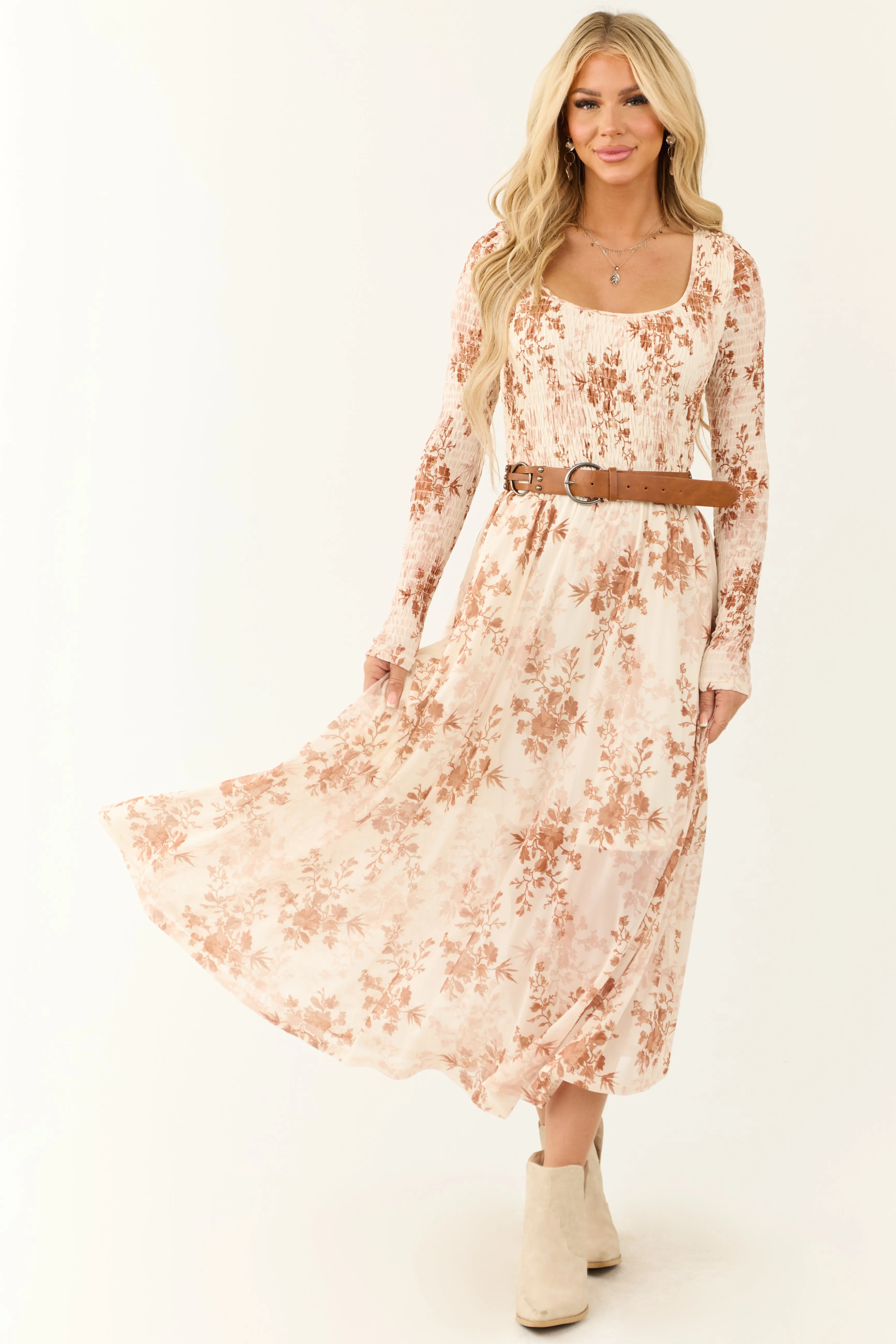 Cream Floral Print Smocked Scoop Maxi Dress