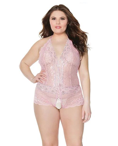 Crystal Pink Halter Crotchless Teddy