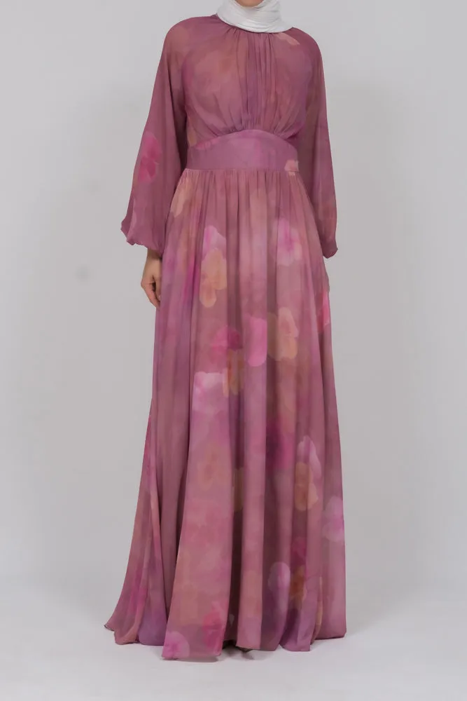 Daka zipped back empire waist chiffon maxi dress in washed out floral print