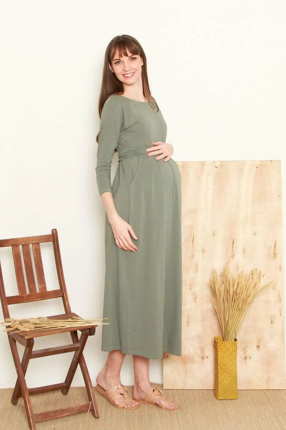 Daphne Long Sleeve Bamboo Cotton Nursing Dress Olive Green