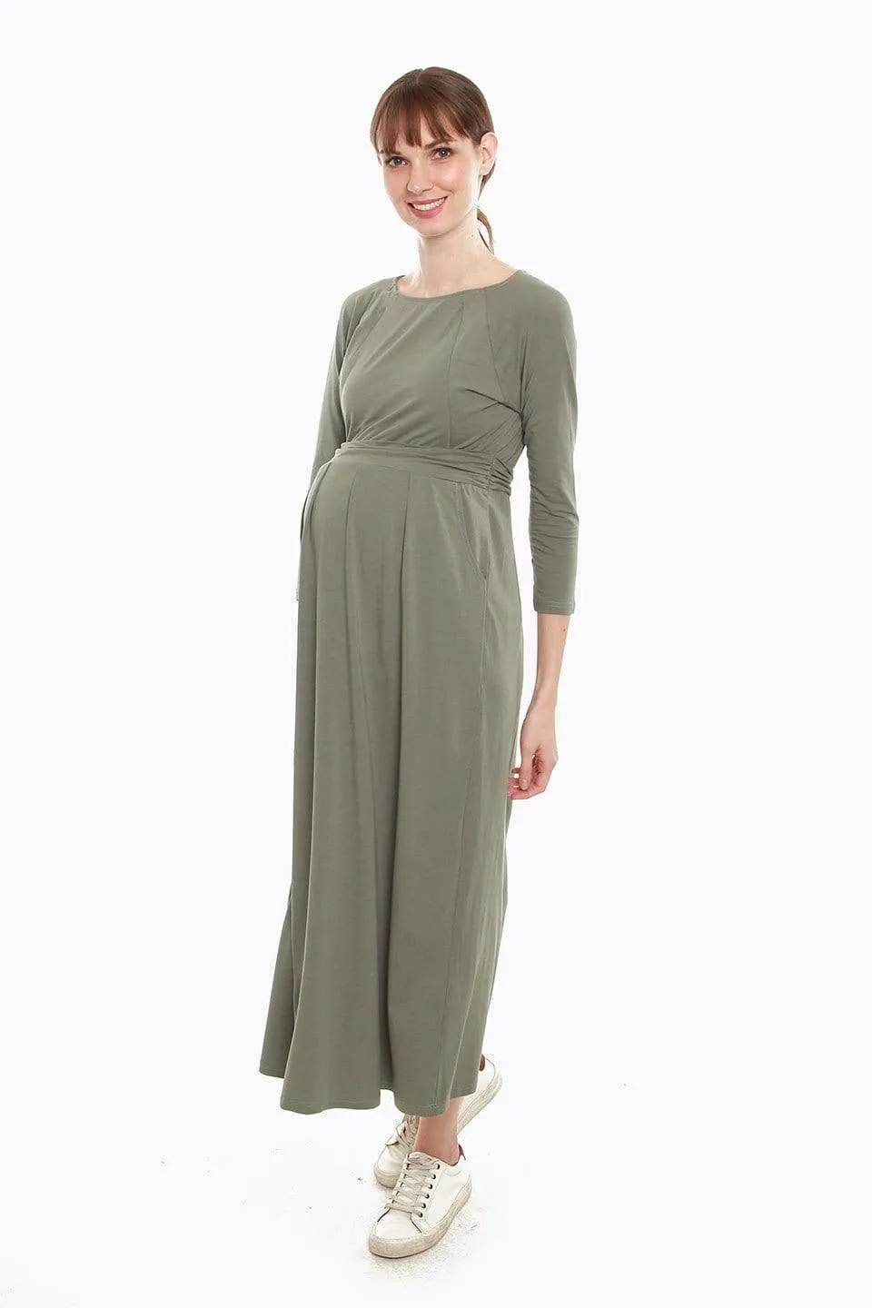 Daphne Long Sleeve Bamboo Cotton Nursing Dress Olive Green