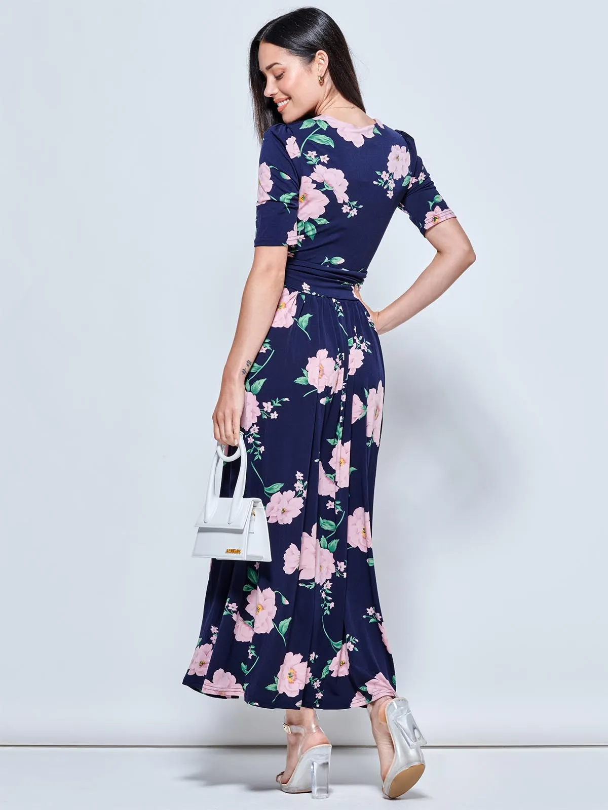 Daria Pleat Maxi Jersey Dress, Navy Floral