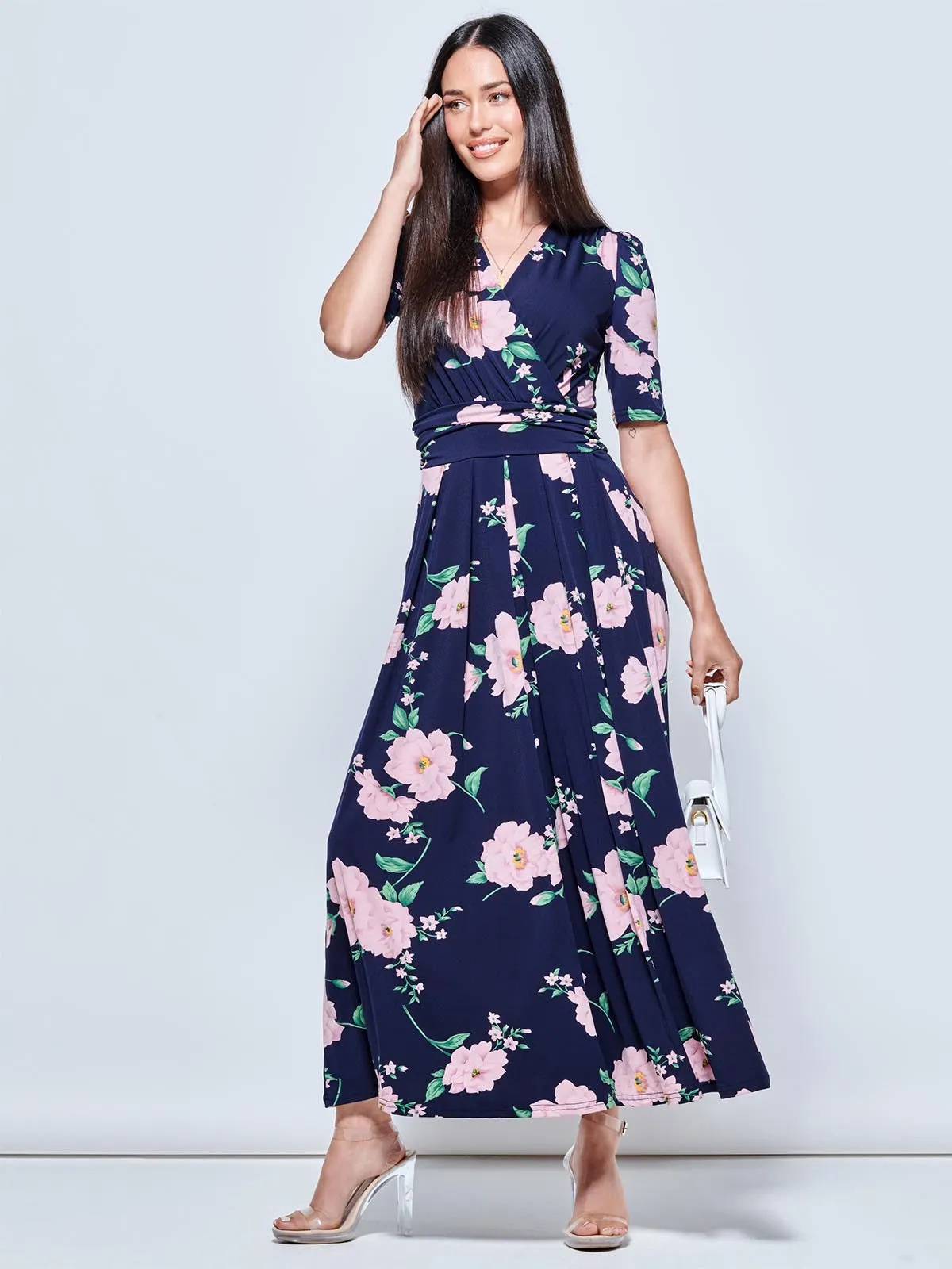 Daria Pleat Maxi Jersey Dress, Navy Floral