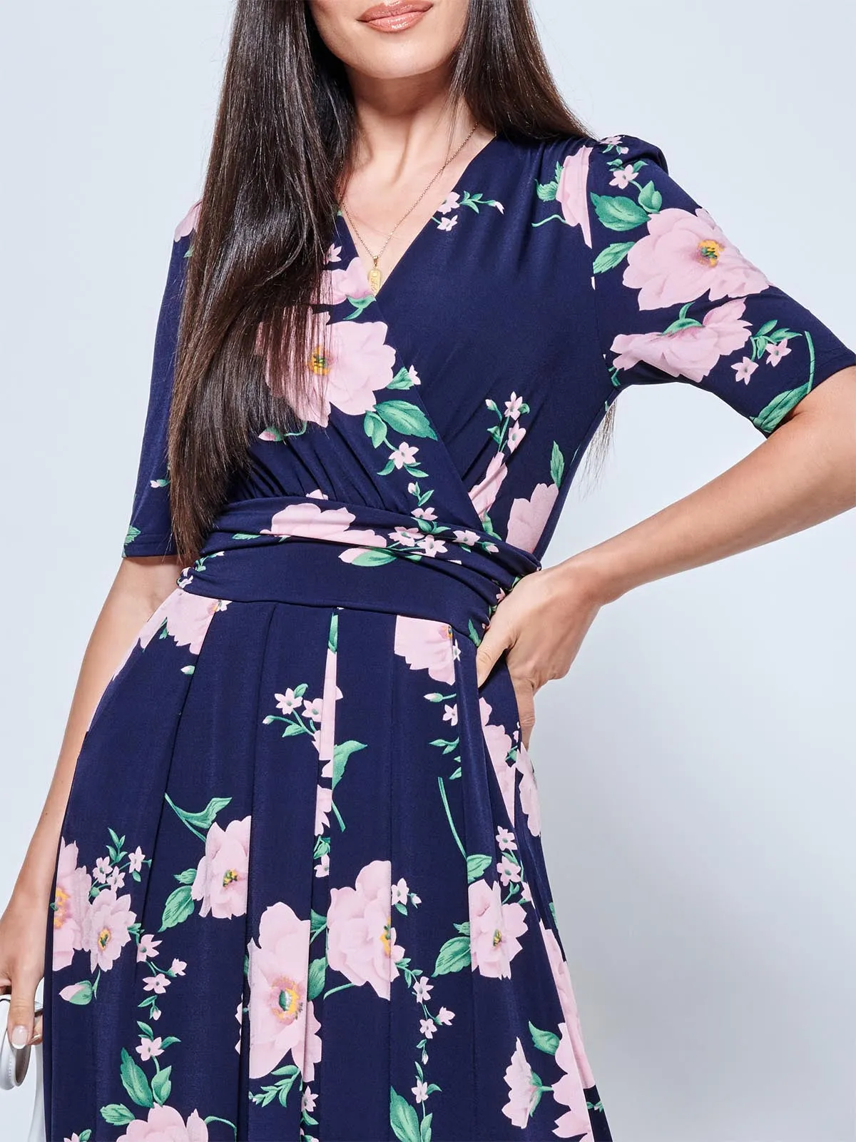 Daria Pleat Maxi Jersey Dress, Navy Floral