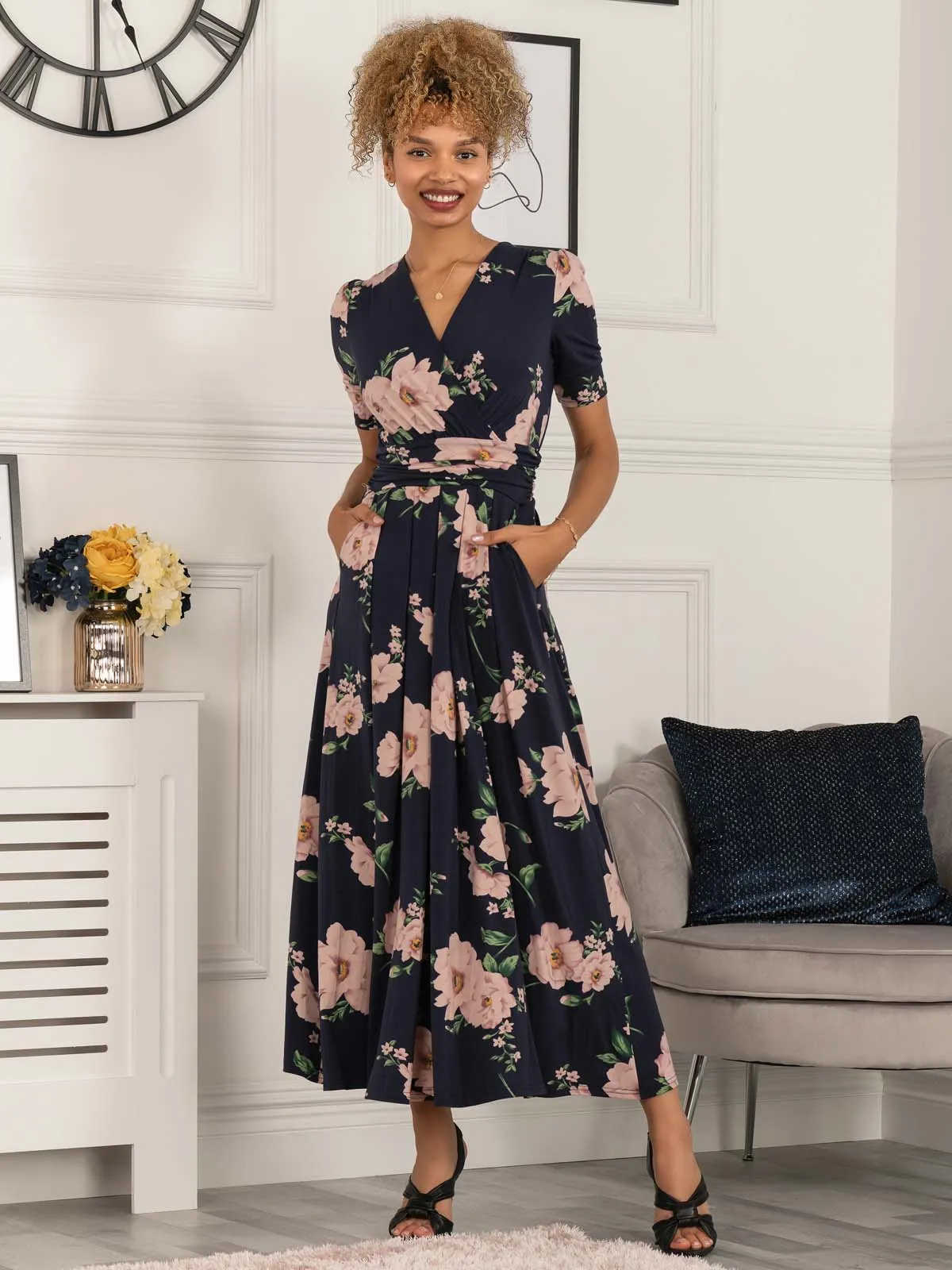 Daria Pleat Maxi Jersey Dress, Navy Floral