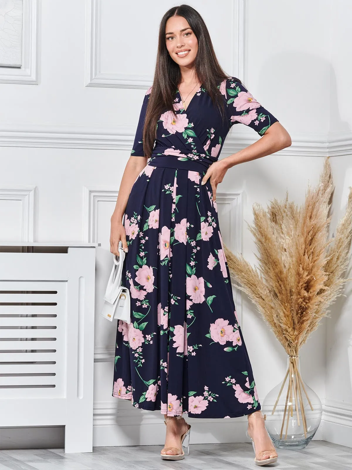 Daria Pleat Maxi Jersey Dress, Navy Floral