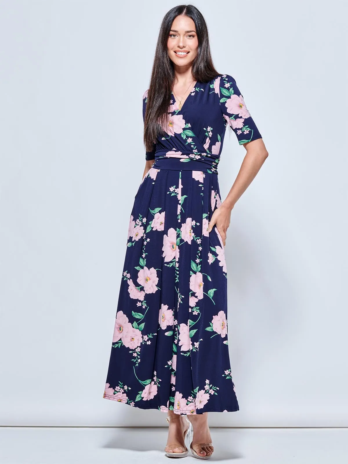 Daria Pleat Maxi Jersey Dress, Navy Floral